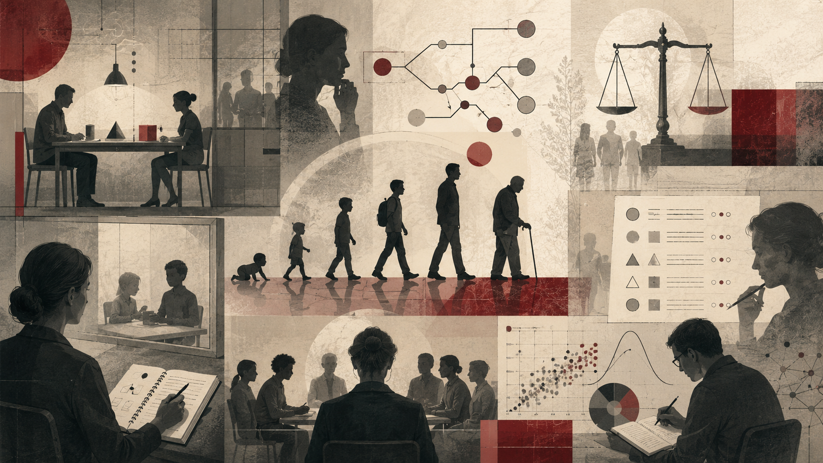 Editorial illustration of moral psychology research methods, showing experimental observation, developmental stages, measurement forms, ethical scales, decision diagrams, and data analysis.