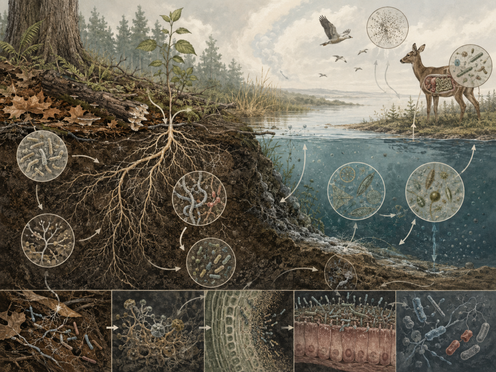 Research-grade systems biology illustration showing microbial life across soil, roots, leaf litter, freshwater, sediments, atmosphere, and animal microbiomes, with subtle microscope-style insets and fine-line ecological pathways.