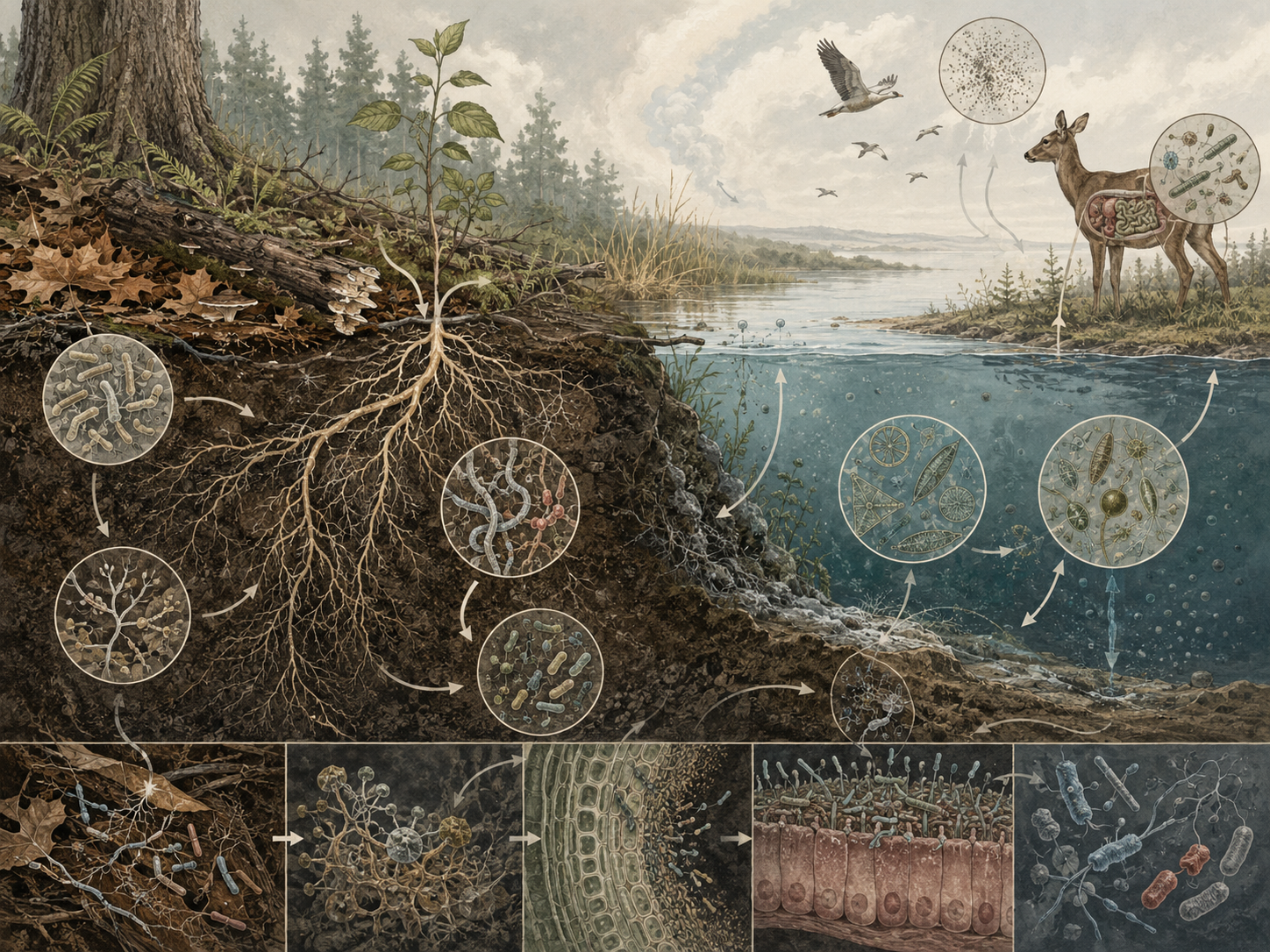 Research-grade systems biology illustration showing microbial life across soil, roots, leaf litter, freshwater, sediments, atmosphere, and animal microbiomes, with subtle microscope-style insets and fine-line ecological pathways.