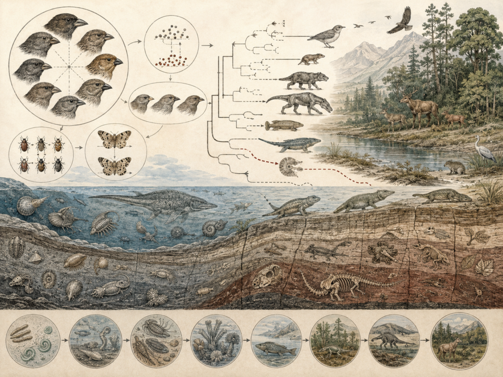Research-grade evolutionary biology illustration showing variation within populations, inheritance, selection, phylogenetic branching, fossil strata, ancient marine life, extinct vertebrates, modern ecosystems, and biological change across deep time.