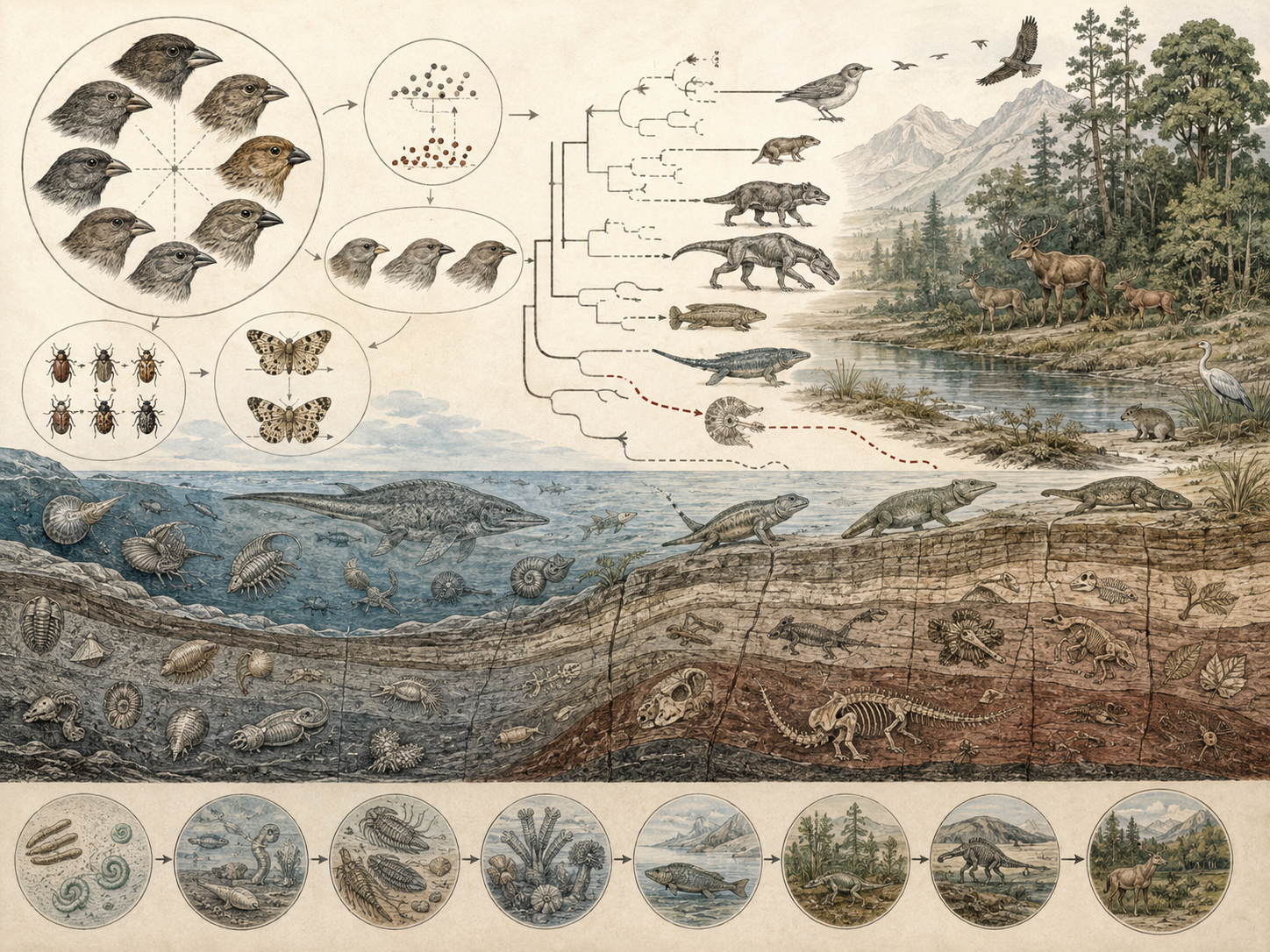 Research-grade evolutionary biology illustration showing variation within populations, inheritance, selection, phylogenetic branching, fossil strata, ancient marine life, extinct vertebrates, modern ecosystems, and biological change across deep time.