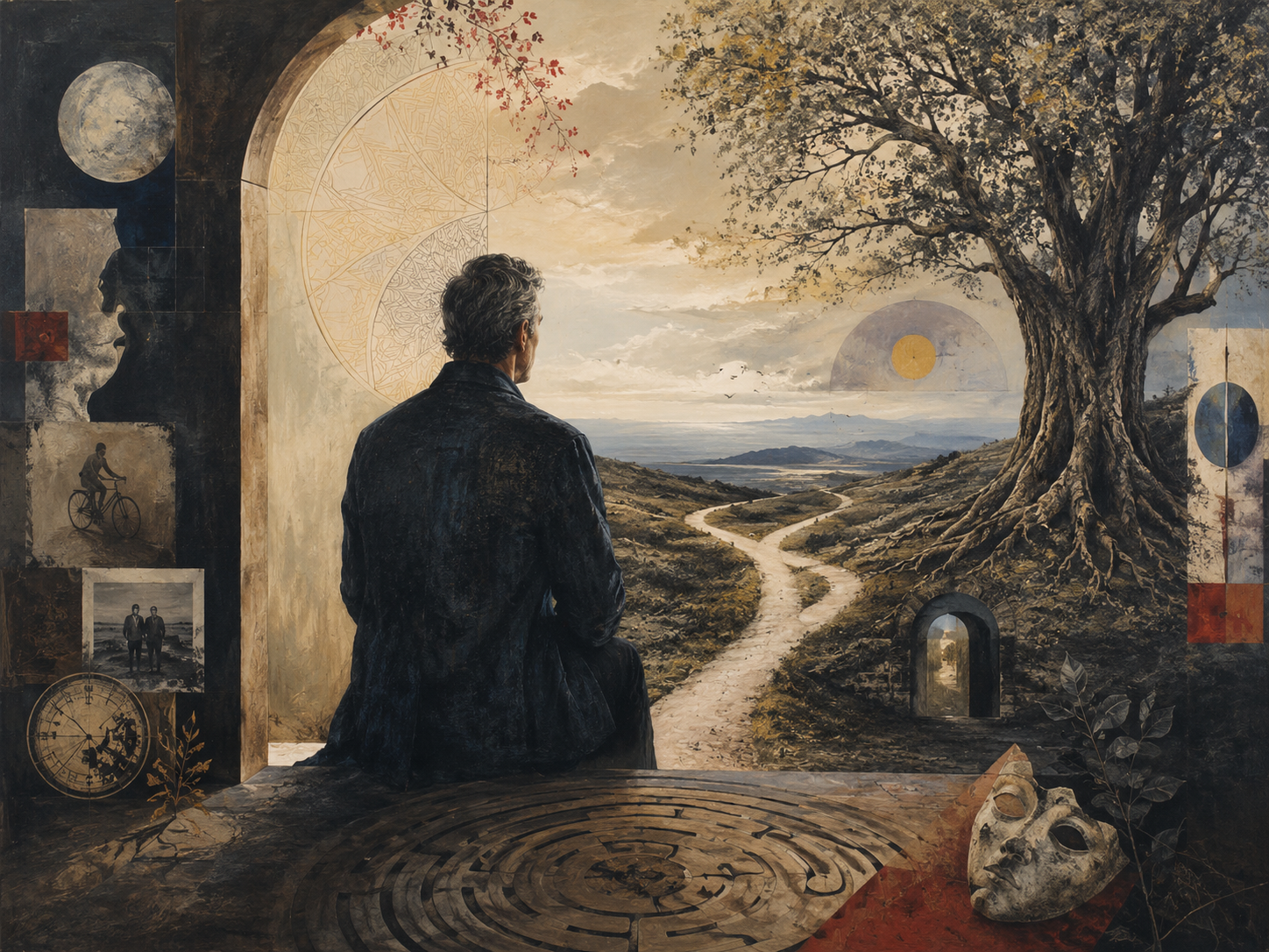 A middle-aged figure sits at a threshold overlooking a winding path, rooted tree, moonlit shadow panels, symbolic masks, and a quiet landscape of reflection.