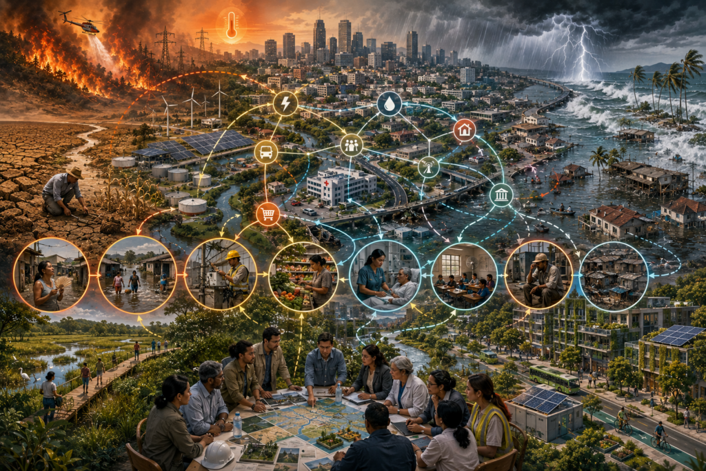 Editorial illustration showing climate hazards, exposed communities, infrastructure stress, displacement pressure, ecological buffers, and planners coordinating adaptive mobility and resilience.