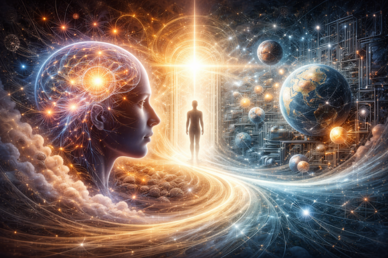 Abstract metaphysical image showing a luminous human profile, radiant neural patterns, a central human figure, and a technological cosmic landscape representing mind, matter, and consciousness