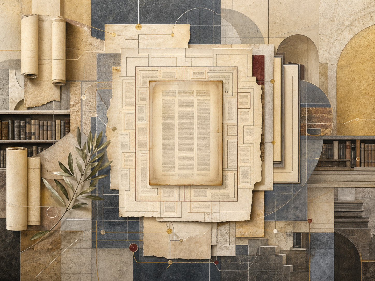 Non-figurative editorial illustration of layered parchment, manuscript pages, scroll fragments, commentary-like margins, geometric study structures, archival shelves, olive leaves, and soft illumination representing Mishnah, Talmud, and rabbinic civilization.