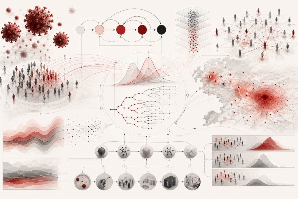 Abstract scientific illustration of disease modeling, epidemiology, and biological spread showing pathogen-like particles, host population clusters, compartment flows, transmission pathways, contact networks, outbreak curves, uncertainty bands, surveillance streams, spatial spread patterns, and workflow nodes without text or labels.