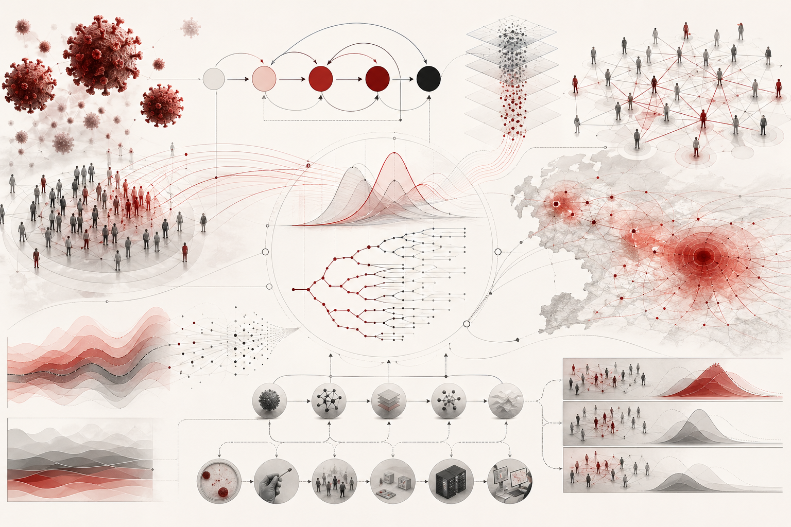Abstract scientific illustration of disease modeling, epidemiology, and biological spread showing pathogen-like particles, host population clusters, compartment flows, transmission pathways, contact networks, outbreak curves, uncertainty bands, surveillance streams, spatial spread patterns, and workflow nodes without text or labels.