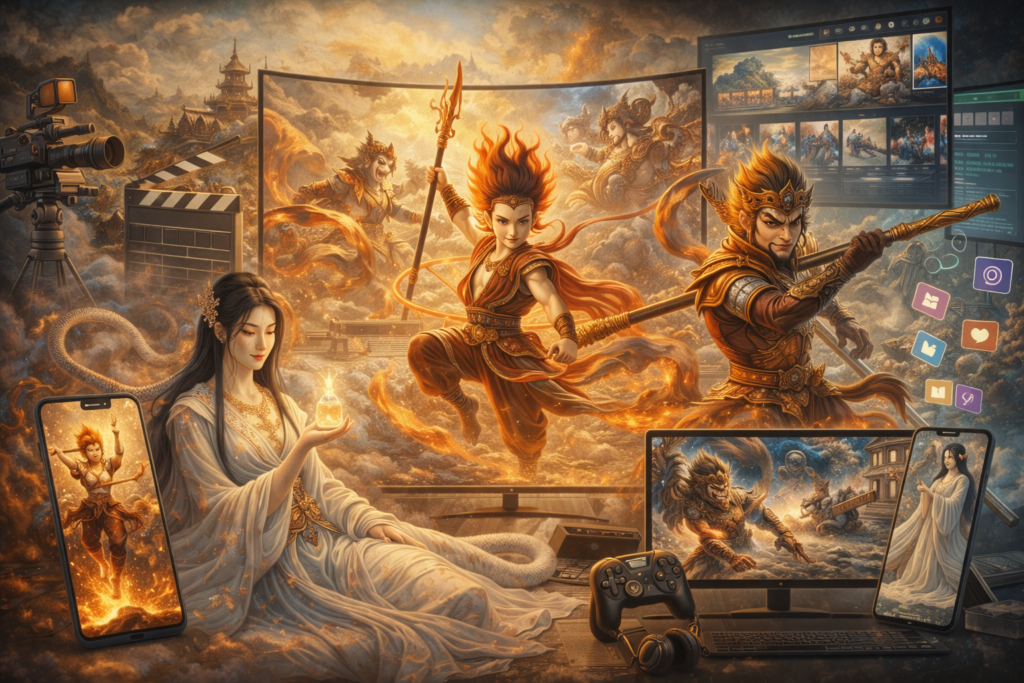 Modern media collage featuring Chinese mythic figures like Nezha, Sun Wukong, and White Snake across screens, gaming devices, and cinematic imagery.