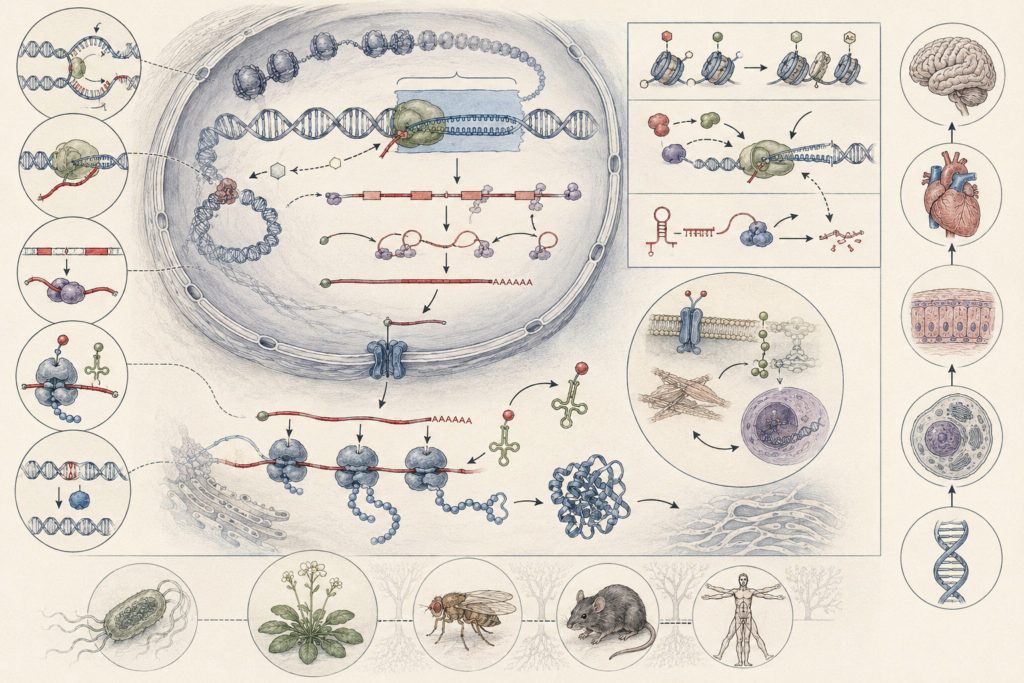 Research-grade molecular biology illustration showing DNA, chromatin, transcription, RNA processing, translation, ribosomes, transfer RNA, protein folding, cell signaling, tissues, organs, and organismal examples connected through the flow of genetic information.