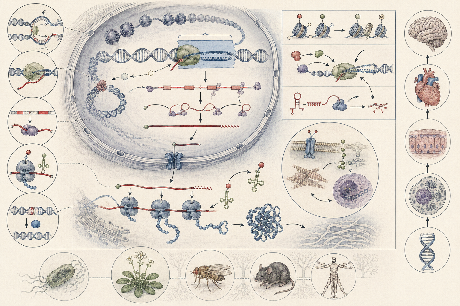 Research-grade molecular biology illustration showing DNA, chromatin, transcription, RNA processing, translation, ribosomes, transfer RNA, protein folding, cell signaling, tissues, organs, and organismal examples connected through the flow of genetic information.