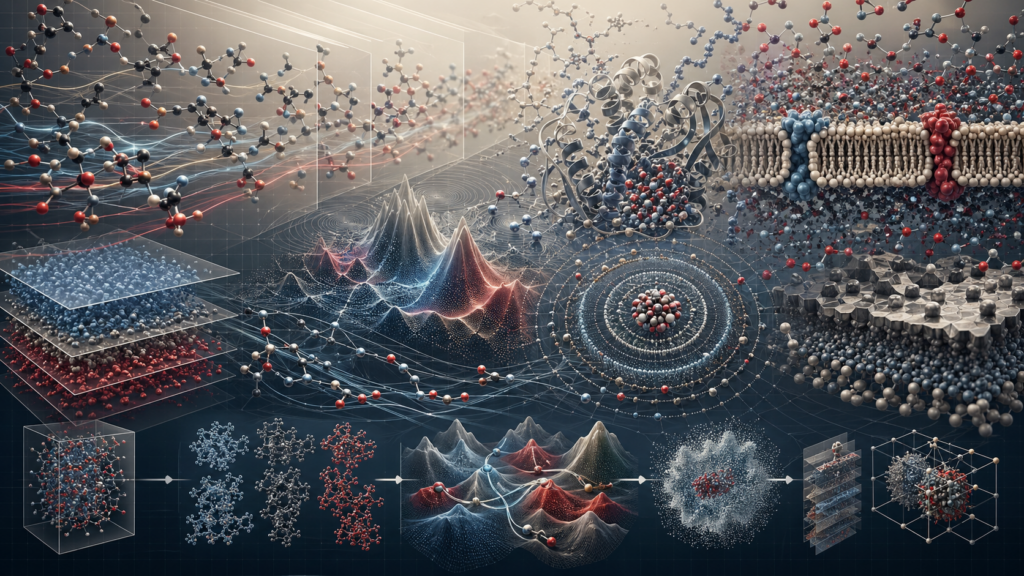 Abstract editorial scientific illustration of molecular dynamics and chemical simulation, showing molecular trajectories, particle motion, force-field landscapes, solvent shells, membrane-like structures, radial distribution patterns, conformational ensembles, diffusion pathways, molecular clusters, materials interfaces, and reproducible simulation workflows in cream, gray, black, blue-gray, and deep red.