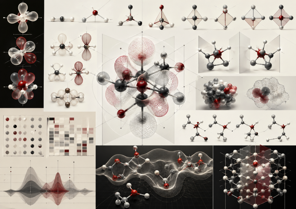 Abstract editorial scientific illustration of molecular geometry, symmetry planes, orbital surfaces, bond angles, conformer variations, crystal lattices, and structural data patterns in cream, gray, black, and deep red.