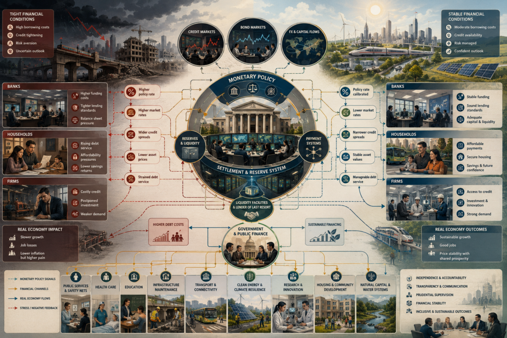 Editorial systems illustration showing monetary policy, central banking, interest rates, reserves, liquidity, payment systems, credit transmission, household debt stress, public finance, and resilient financial conditions.
