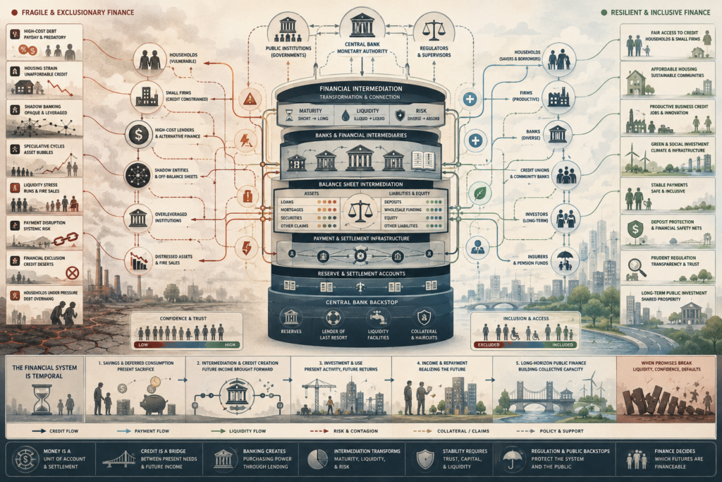 Editorial systems illustration showing money, banking, credit, payment systems, balance sheets, liquidity, central-bank support, financial fragility, fair credit access, and resilient financial intermediation.