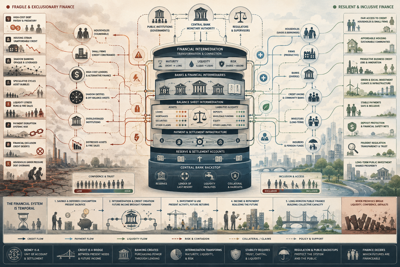 Editorial systems illustration showing money, banking, credit, payment systems, balance sheets, liquidity, central-bank support, financial fragility, fair credit access, and resilient financial intermediation.