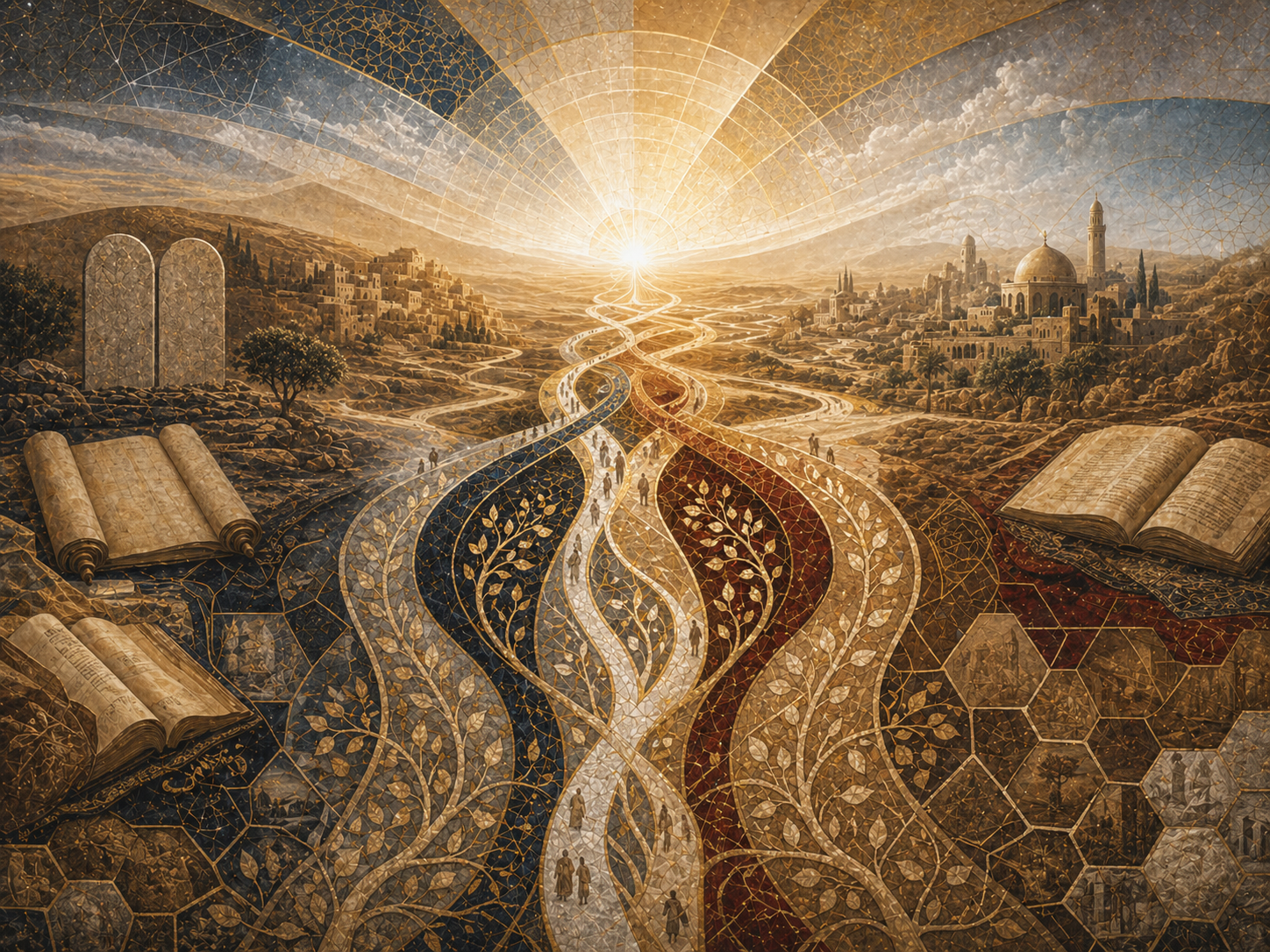 Editorial illustration showing a radiant shared horizon, interwoven sacred pathways, manuscripts, stone-tablet forms, and symbolic landscapes representing monotheism, revelation, and sacred history across Judaism, Christianity, and Islam.
