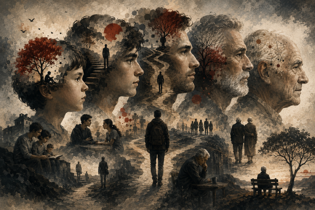 Painterly editorial illustration of moral development across the lifespan, showing human profiles from childhood to old age, winding paths, family scenes, reflection, memory, community, and symbolic inner landscapes.