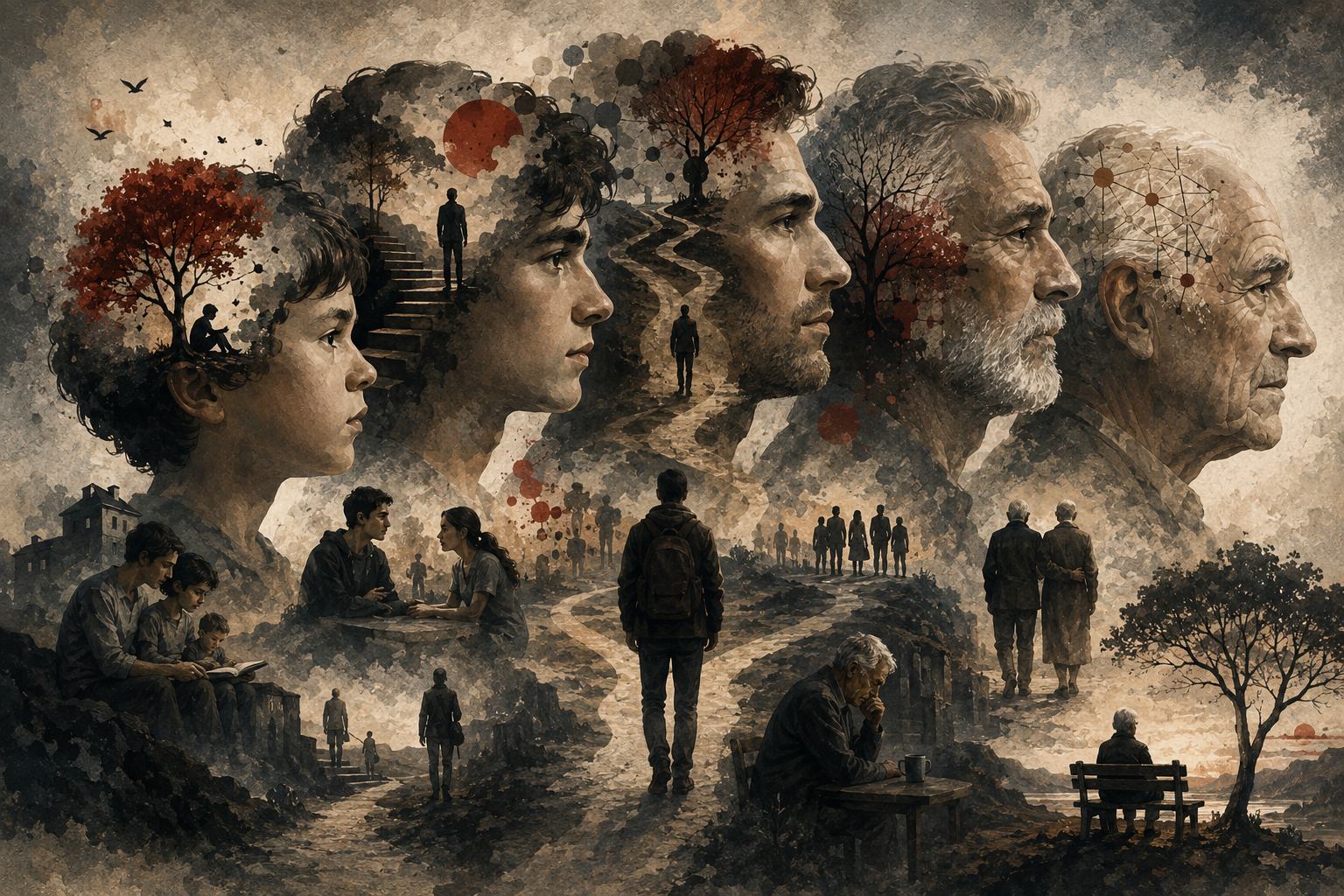 Painterly editorial illustration of moral development across the lifespan, showing human profiles from childhood to old age, winding paths, family scenes, reflection, memory, community, and symbolic inner landscapes.