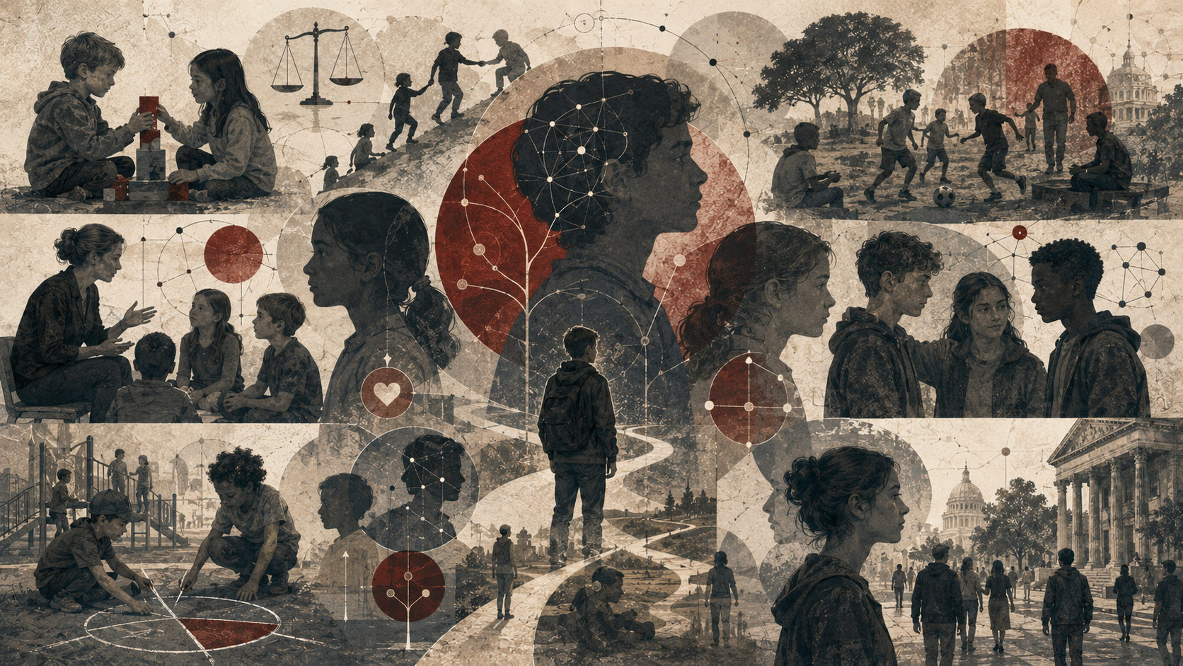Painterly editorial illustration of moral development in childhood and adolescence, showing children and teenagers in play, dialogue, learning, friendship, conflict, guidance, civic space, and symbolic growth pathways.