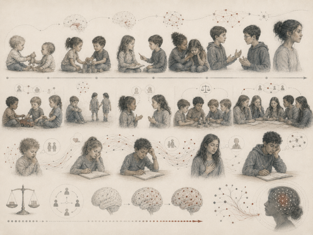 Research-grade illustration of moral development across childhood and adolescence, showing cooperation, conflict, empathy, fairness, reflection, peer discussion, ethical reasoning, and the gradual formation of conscience.