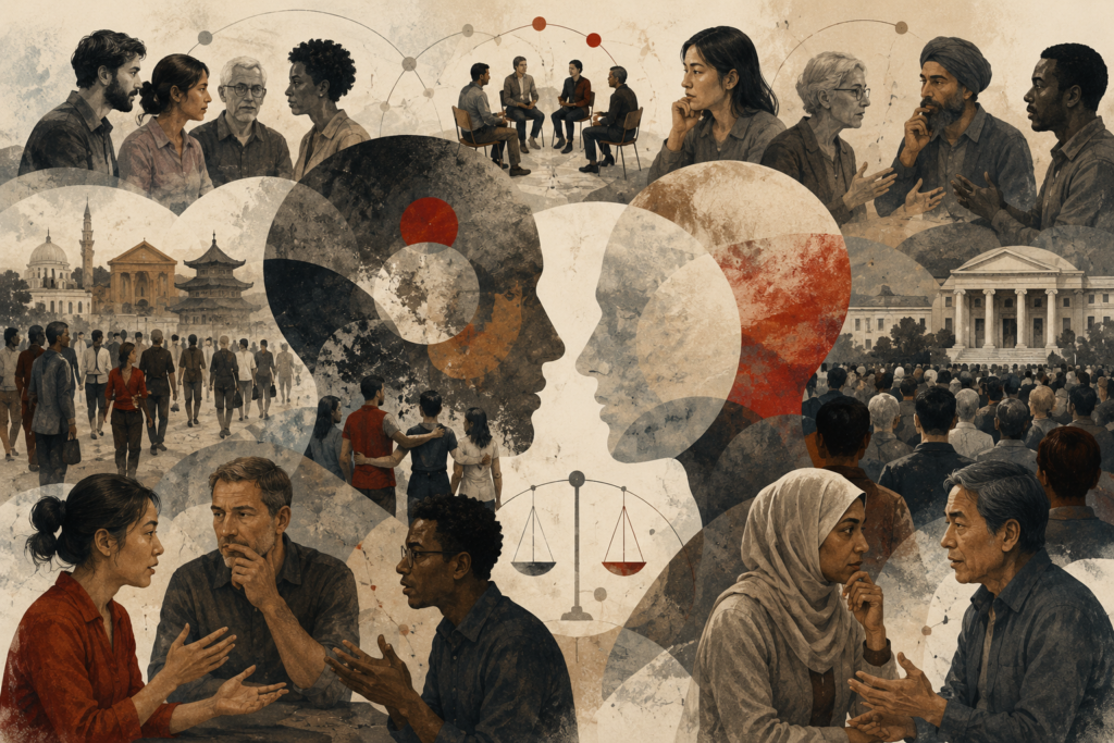 Editorial illustration of moral disagreement and pluralism, showing diverse people in dialogue, overlapping profiles, civic spaces, justice scales, community gatherings, and intersecting social worlds.