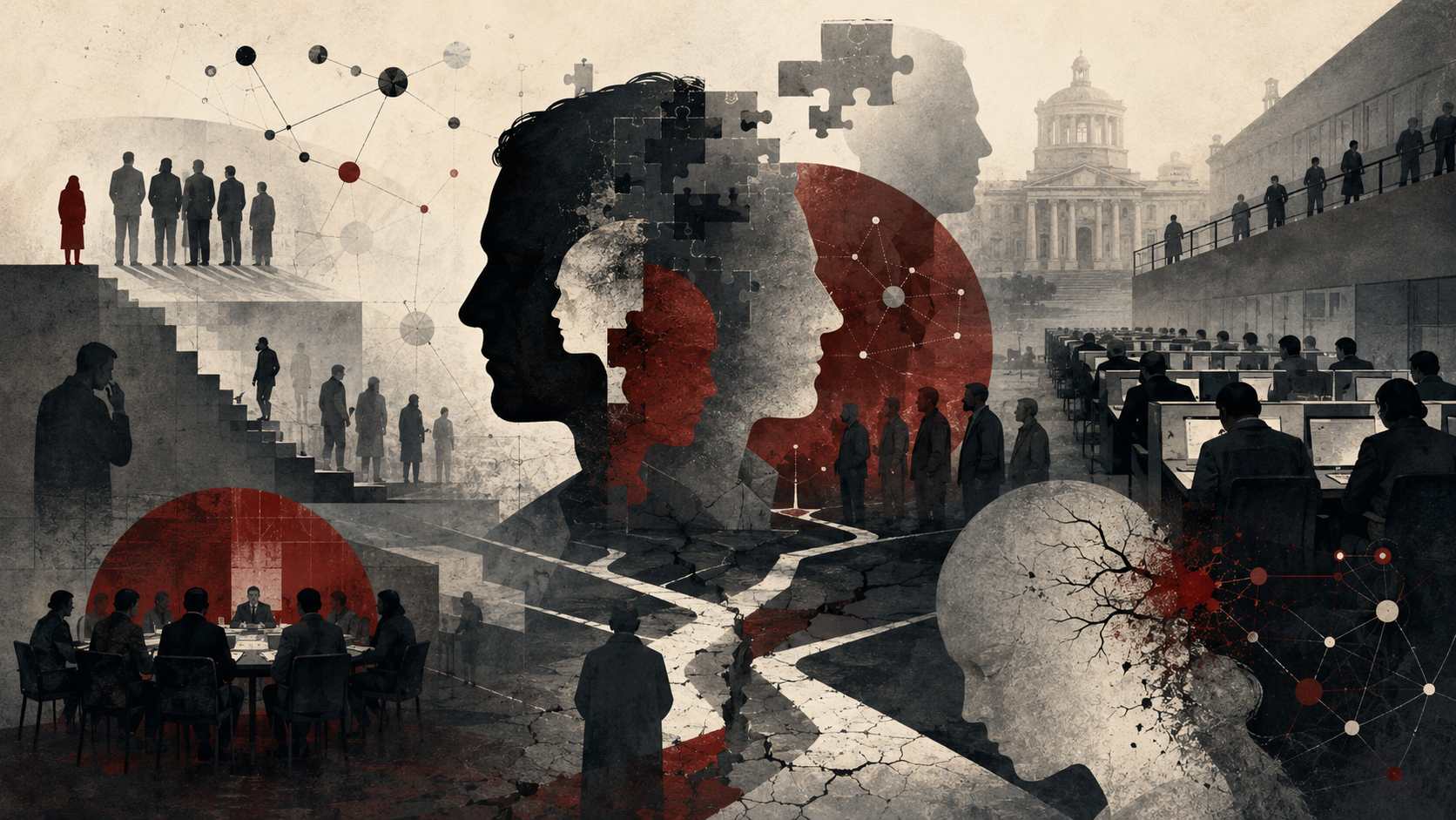 Editorial illustration of moral disengagement, showing fragmented human profiles, institutional settings, shadowed groups, cracked pathways, bureaucracy, social networks, and fractured moral identity.