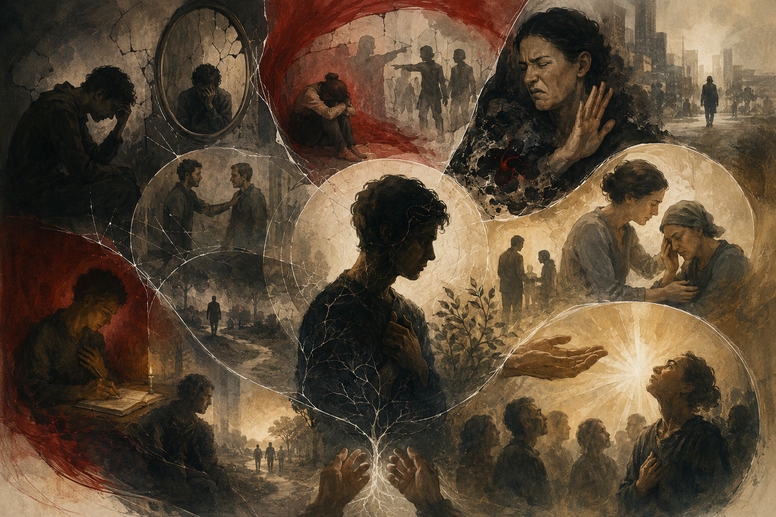 Painterly illustration of moral emotions, showing a central reflective figure surrounded by scenes of guilt, shame, disgust, compassion, consolation, moral repair, and elevation.
