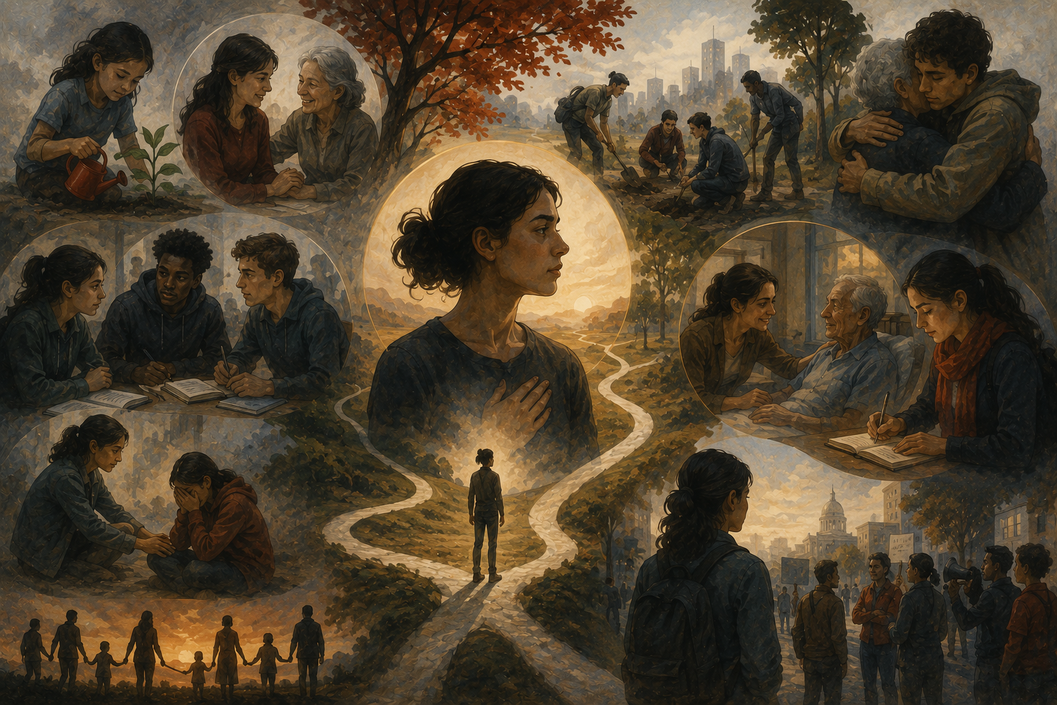 Painterly illustration of moral identity and agency, showing a central figure at branching paths surrounded by care, dialogue, community service, reflection, intergenerational support, and public responsibility.