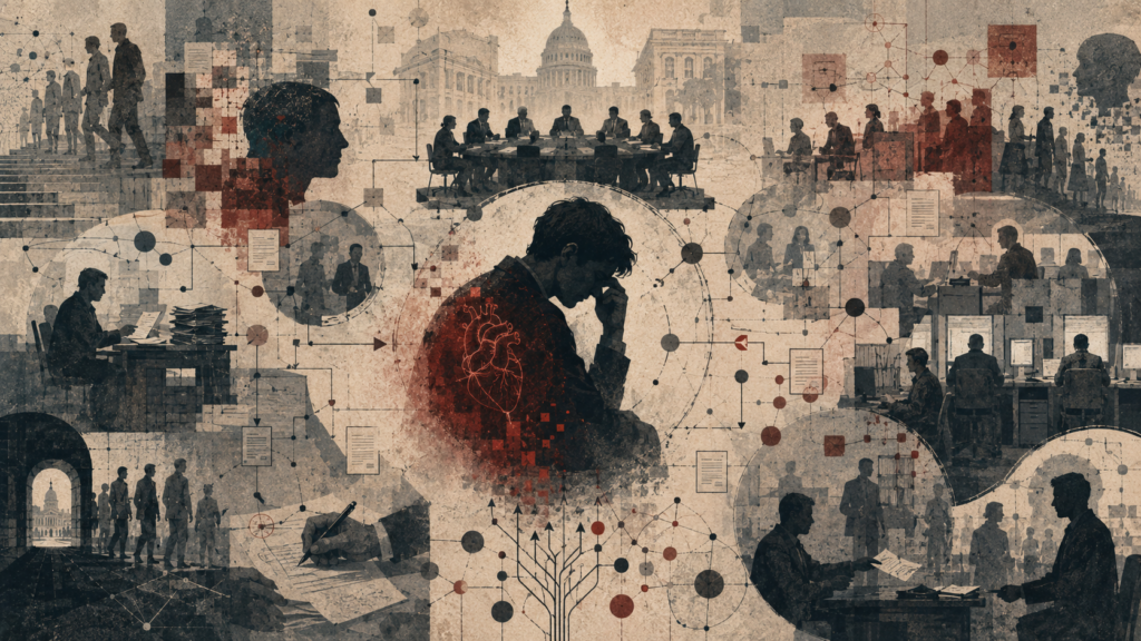 Editorial illustration of a distressed figure surrounded by bureaucratic offices, documents, committees, approval flows, institutional architecture, and networks of distributed responsibility.