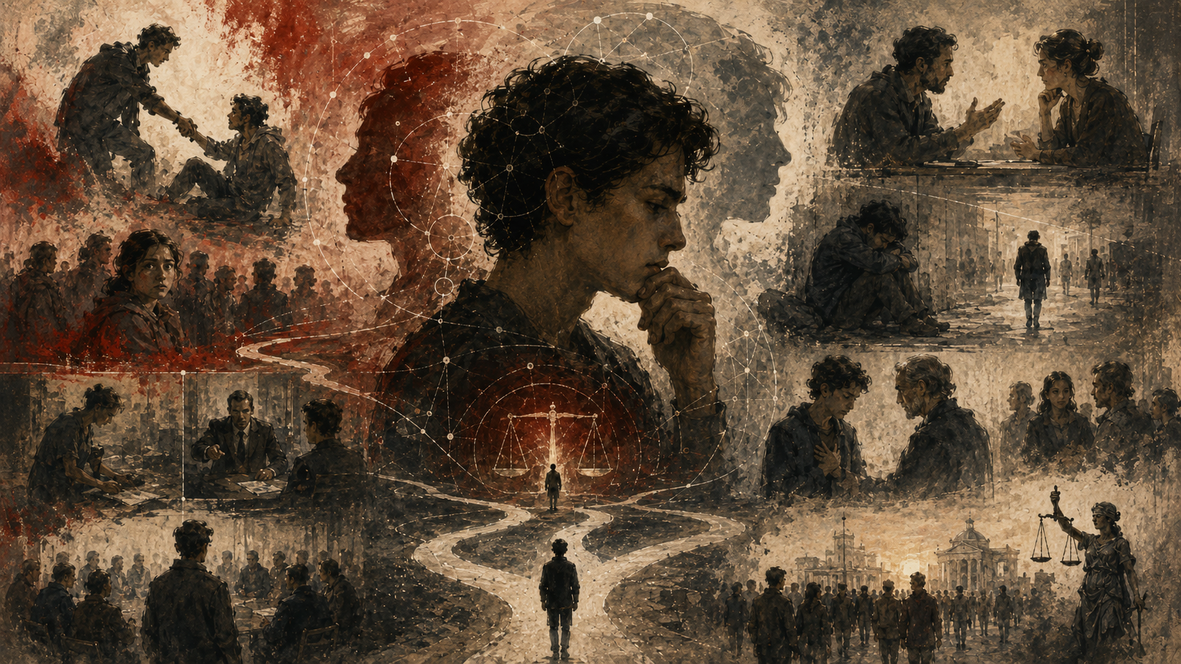 Painterly illustration of moral judgment, showing a reflective figure surrounded by scenes of harm, care, responsibility, justice, dialogue, conflict, and branching ethical pathways.