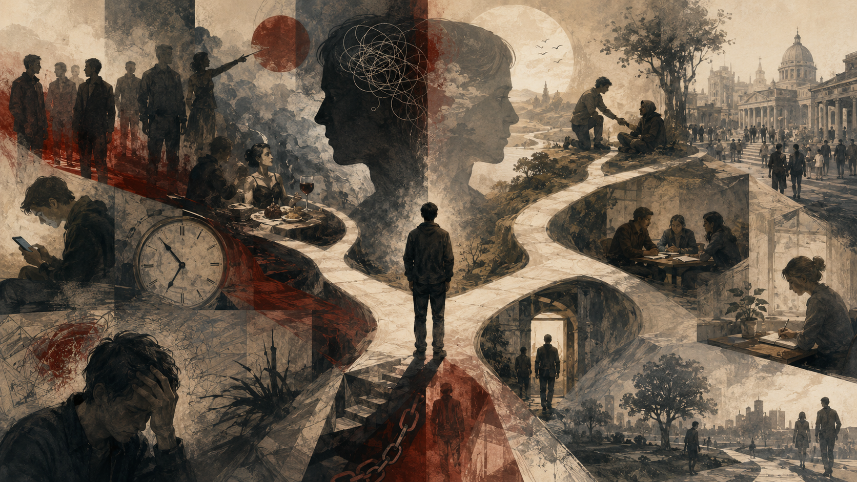 Painterly editorial illustration of moral motivation and the judgment–action gap, showing a central figure at branching paths surrounded by hesitation, helping, distraction, reflection, social pressure, and civic responsibility.