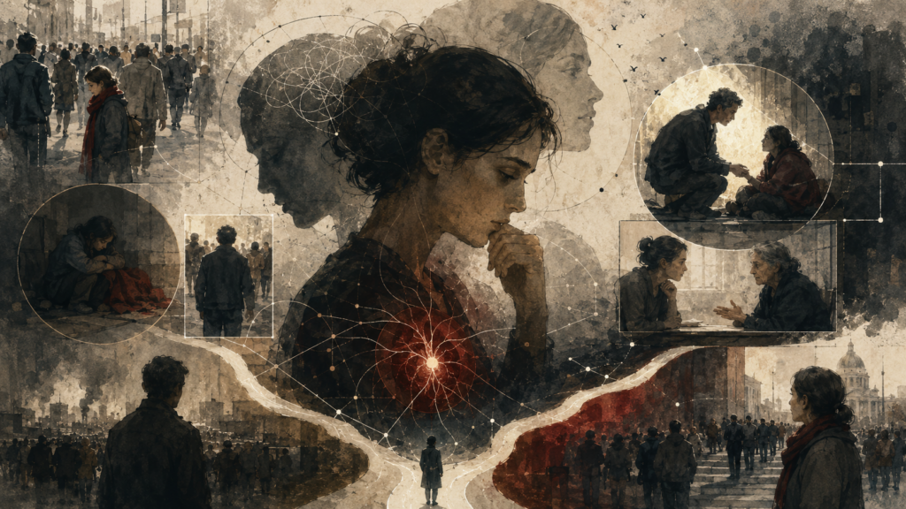 Painterly illustration of moral perception and ethical attention, showing a reflective figure surrounded by crowds, moments of suffering, helping, dialogue, branching pathways, and highlighted scenes of moral salience.