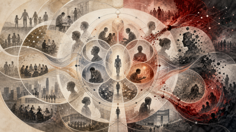 Editorial scientific illustration of moral psychology as an ethical agency systems architecture, showing moral judgment, empathy, conscience, justice, blame, forgiveness, moral repair, group identity, institutional pressure, polarization, and moral development.
