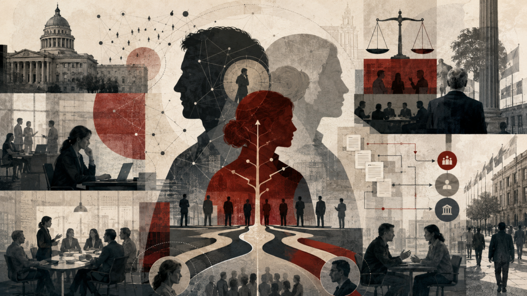 Editorial illustration of moral psychology in organizations, showing overlapping human profiles, meeting rooms, civic buildings, decision pathways, hierarchy diagrams, justice scales, and institutional networks.