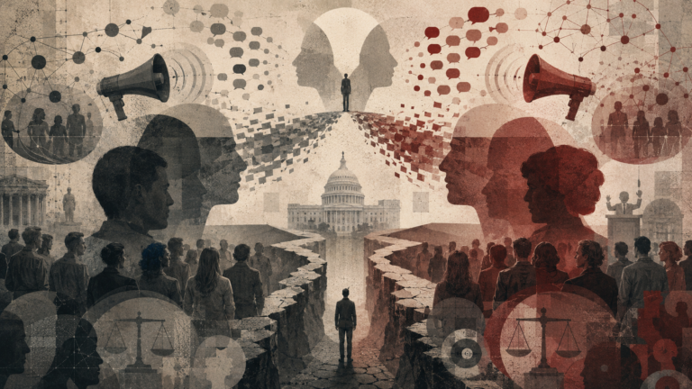 Editorial illustration of divided political groups, opposing human profiles, propaganda megaphones, echo-chamber networks, civic institutions, and a widening social rift.