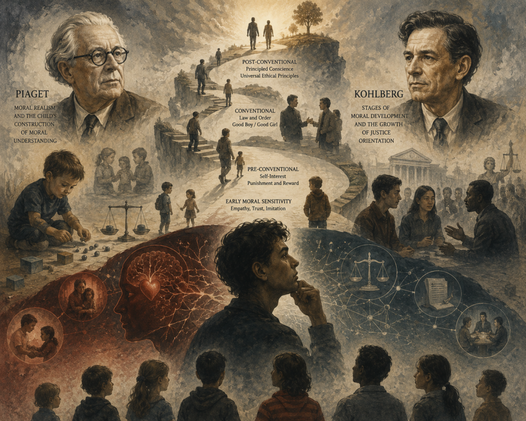 Painterly illustration of moral reasoning and developmental psychology, showing children, adolescents, staged pathways of moral development, justice scales, reflective thought, dialogue, and symbolic portraits of Piaget and Kohlberg.