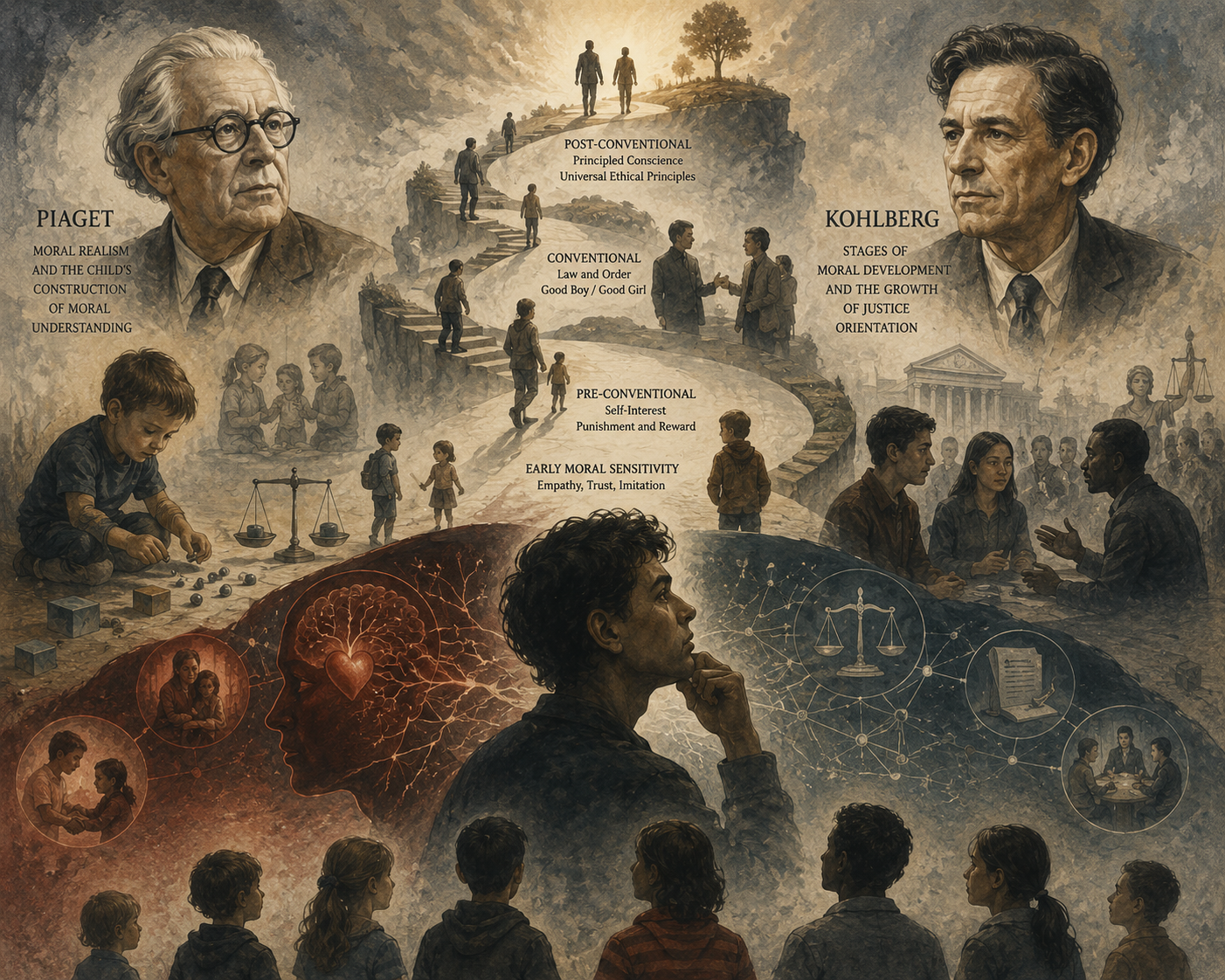 Painterly illustration of moral reasoning and developmental psychology, showing children, adolescents, staged pathways of moral development, justice scales, reflective thought, dialogue, and symbolic portraits of Piaget and Kohlberg.