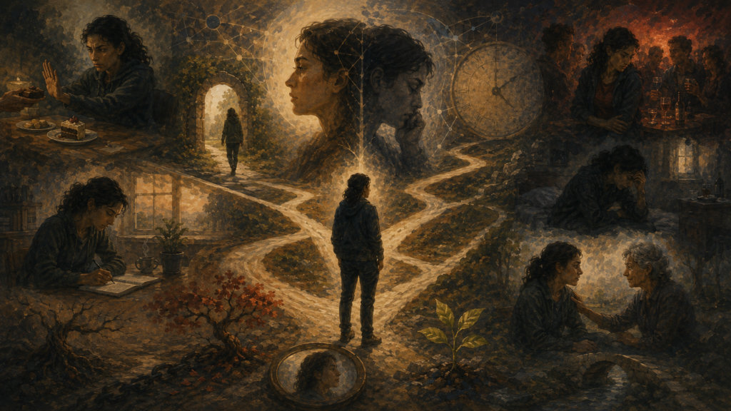 Painterly illustration of moral self-regulation, showing a central figure at branching paths surrounded by temptation, restraint, reflection, regret, time pressure, support, and renewal.