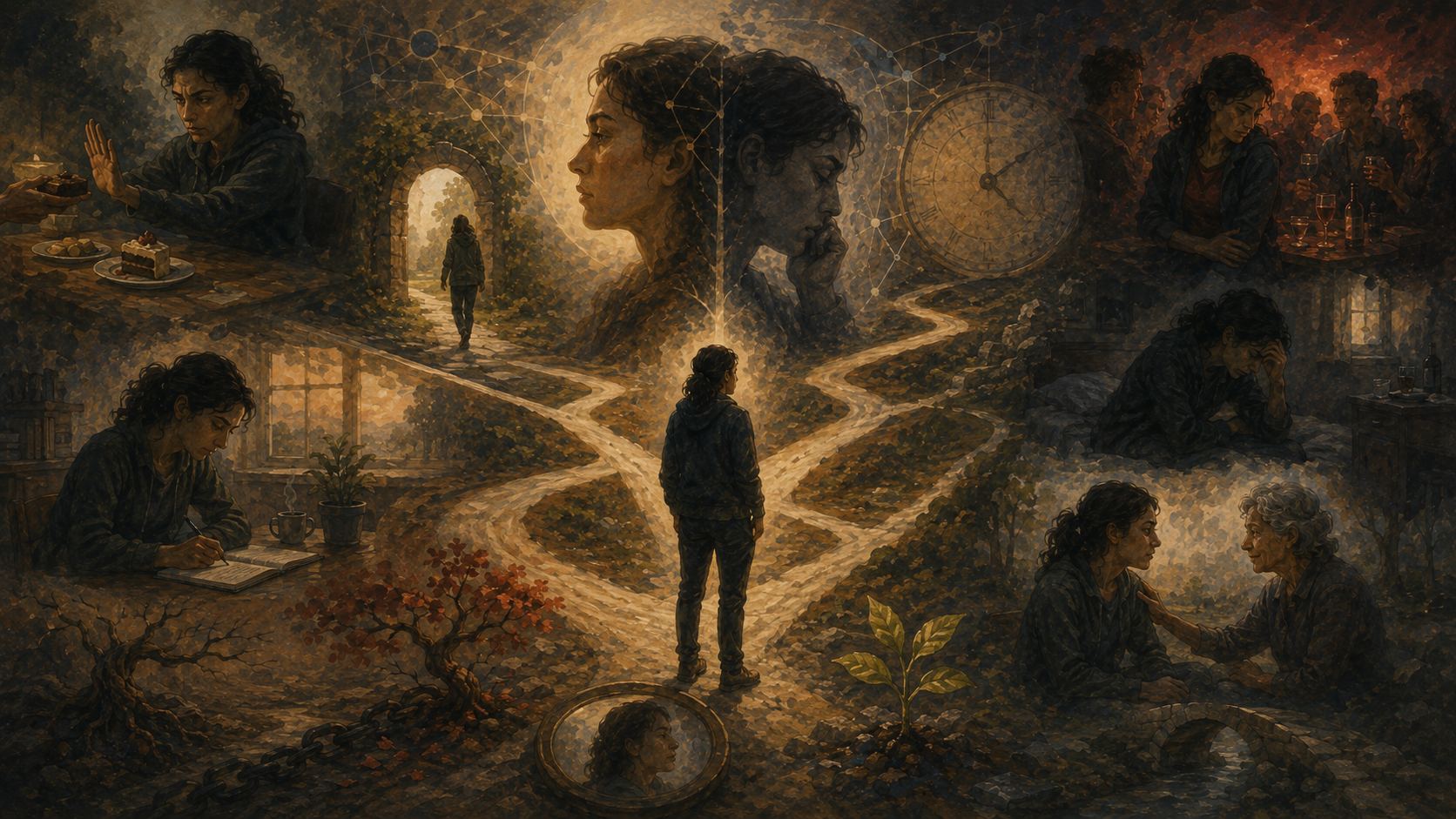 Painterly illustration of moral self-regulation, showing a central figure at branching paths surrounded by temptation, restraint, reflection, regret, time pressure, support, and renewal.