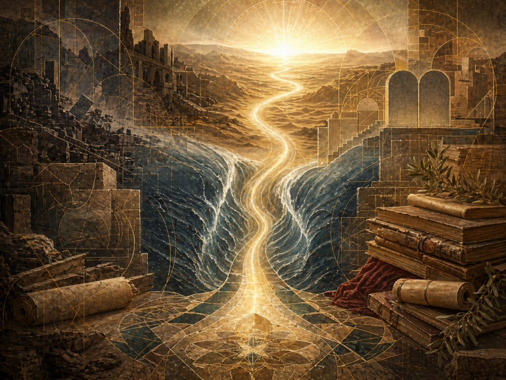 Editorial illustration of Moses / Musa, law, and liberation shown through a luminous path crossing parted water, fractured oppressive architecture, stone-law forms, manuscripts, sacred geometry, and a radiant desert horizon.