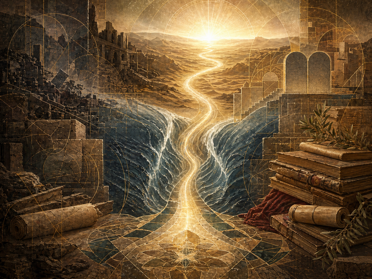 Editorial illustration of Moses / Musa, law, and liberation shown through a luminous path crossing parted water, fractured oppressive architecture, stone-law forms, manuscripts, sacred geometry, and a radiant desert horizon.