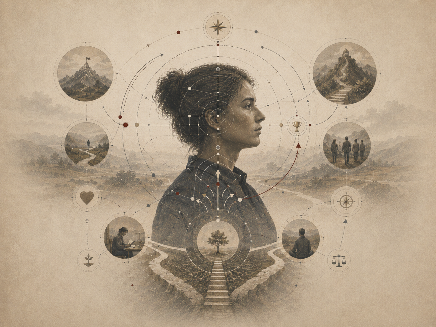Restrained institutional illustration of a human profile surrounded by pathways, compass forms, goal symbols, mountains, roots, and circular diagrams representing motivation, goals, and desire.