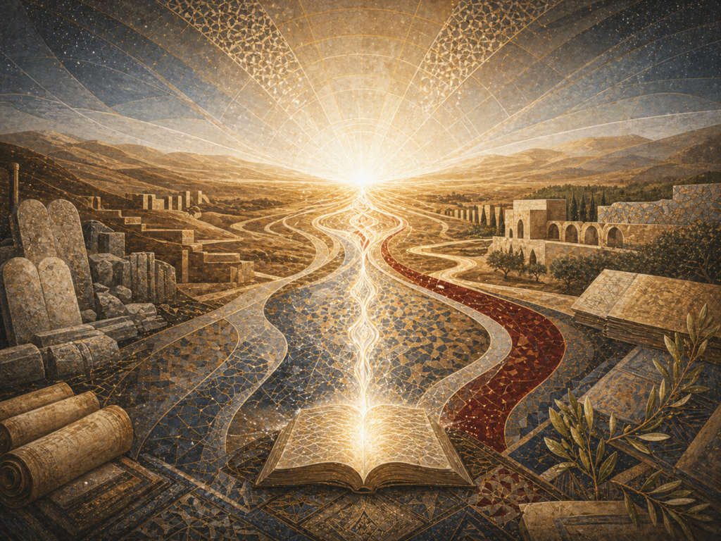 Editorial illustration of Muhammad and the completion of prophetic revelation shown without figures through luminous Qur’anic recitation motifs, converging Abrahamic pathways, manuscript layers, stone forms, sacred geometry, and a radiant horizon.