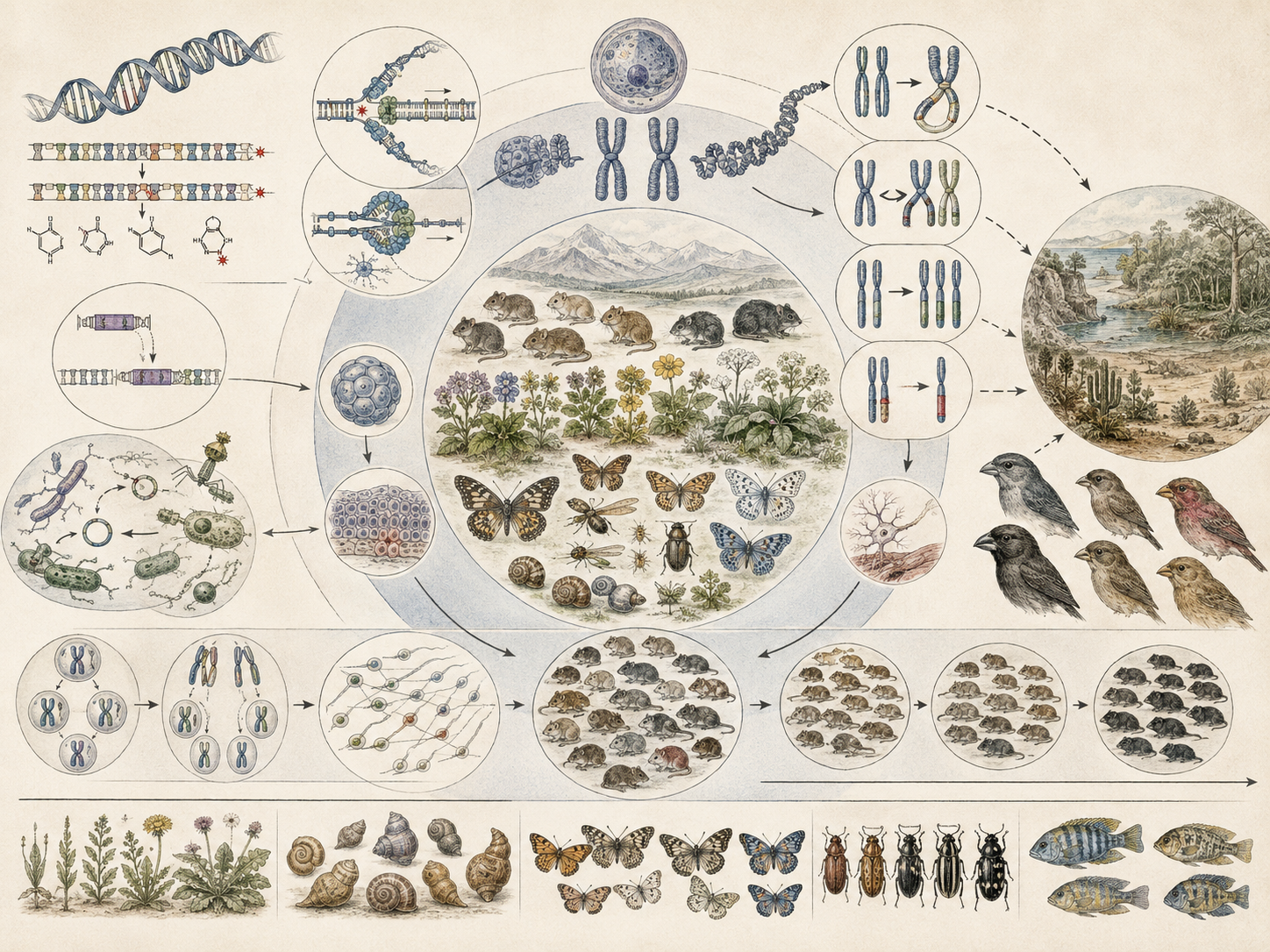 Research-grade evolutionary biology illustration showing DNA mutations, chromosomes, genetic recombination, microbial exchange, cell division, inherited variation, trait diversity in plants and animals, population change, and ecological novelty across generations.