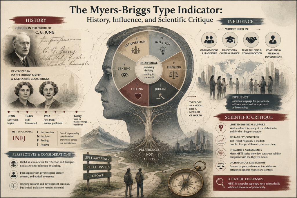 Infographic-style institutional illustration of the Myers-Briggs Type Indicator with a central human profile, typology wheel, historical figures, timeline elements, workplace influence symbols, and scientific critique panels.