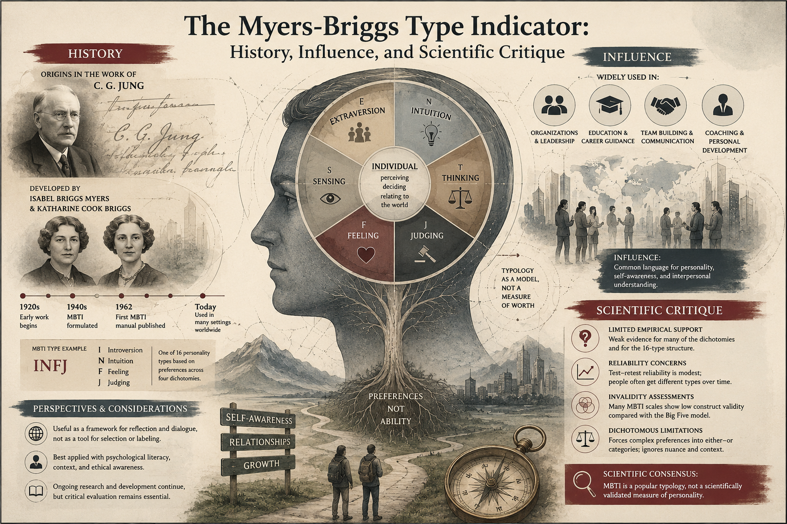 Infographic-style institutional illustration of the Myers-Briggs Type Indicator with a central human profile, typology wheel, historical figures, timeline elements, workplace influence symbols, and scientific critique panels.