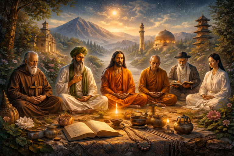 Symbolic contemplative scene with figures from multiple traditions in meditation and prayer among sacred texts, candles, mountains, and religious architecture.