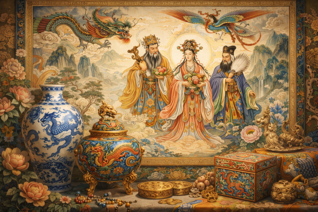 Traditional Chinese mythic art scene with divine figures, dragons, phoenixes, painted scroll imagery, porcelain, incense burner, and richly decorated auspicious objects.