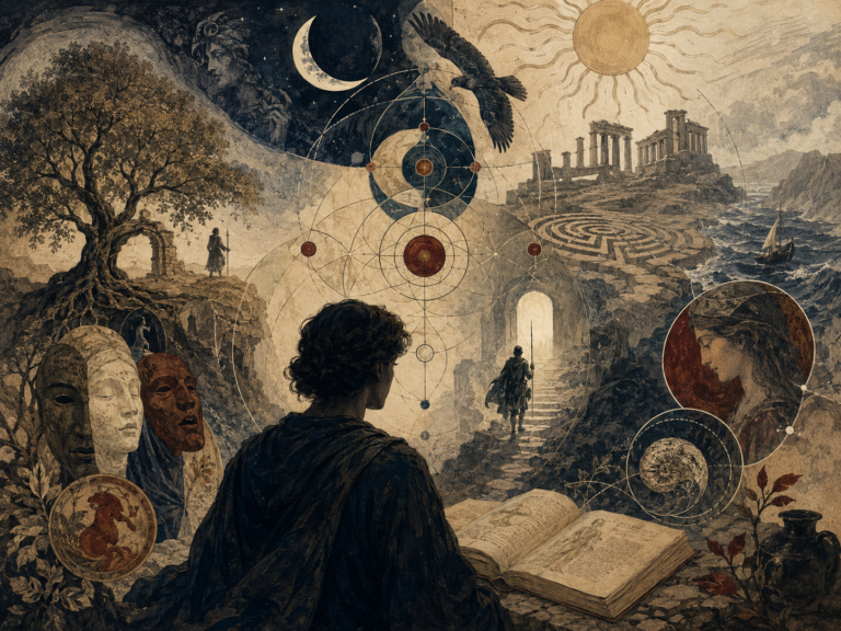 A contemplative figure stands before a symbolic mythic landscape with masks, moon and sun imagery, ancient ruins, a labyrinth, birds, trees, and archetypal figures.