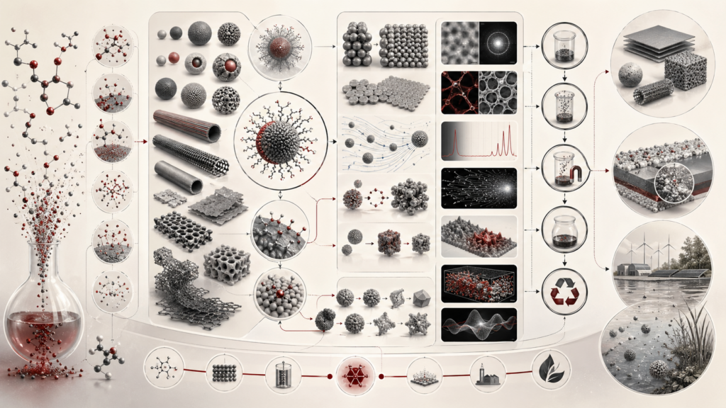 Abstract editorial scientific illustration showing nanochemistry as a molecular-scale materials workflow connecting nanoparticles, quantum dots, nanowires, nanosheets, ligand shells, self-assembly, characterization, stability testing, lifecycle pathways, and responsible design.